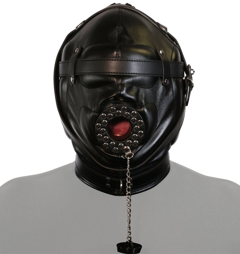 UNTAMED BLACK FAUX LEATHER METAL STUDDED BLINDFOLD HOOD