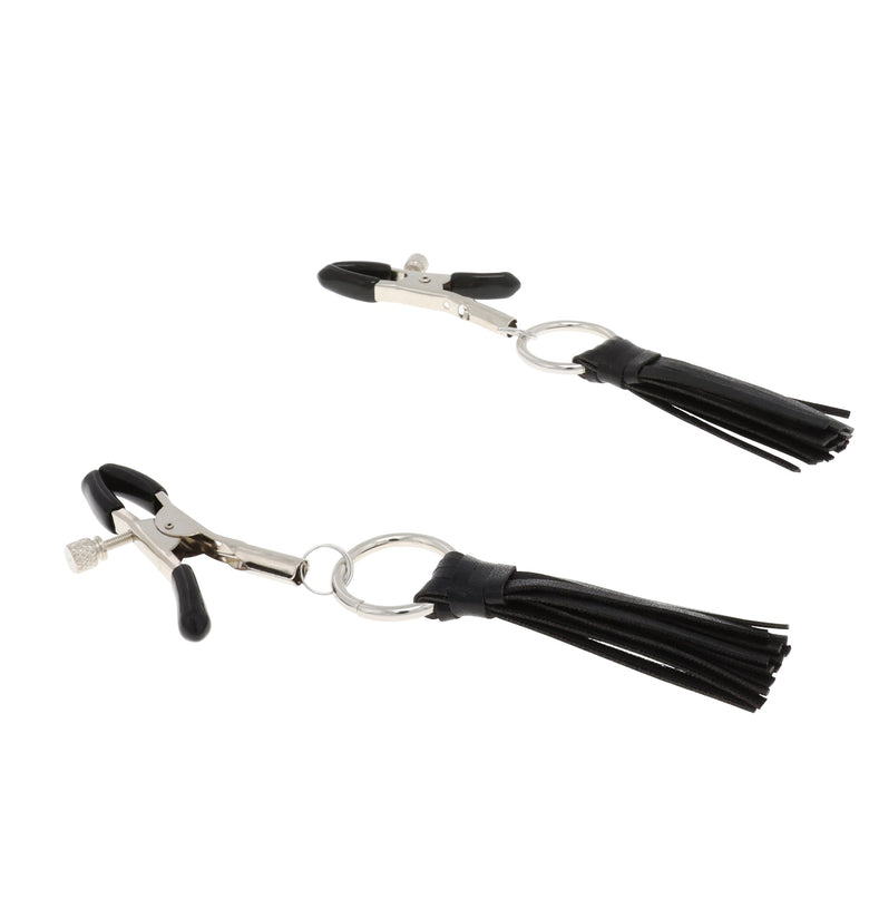 EFFECTIVE BEHAVIOR BLACK FAUX LEATHER TASSLE ADJUSTABLE NIPPLE CLAMPS