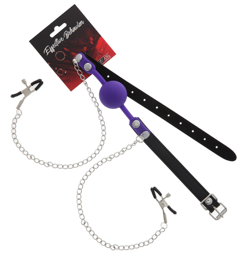 BALL GAG PURPLE W/ADJUSTABLE NIPPLE CLAMPS
